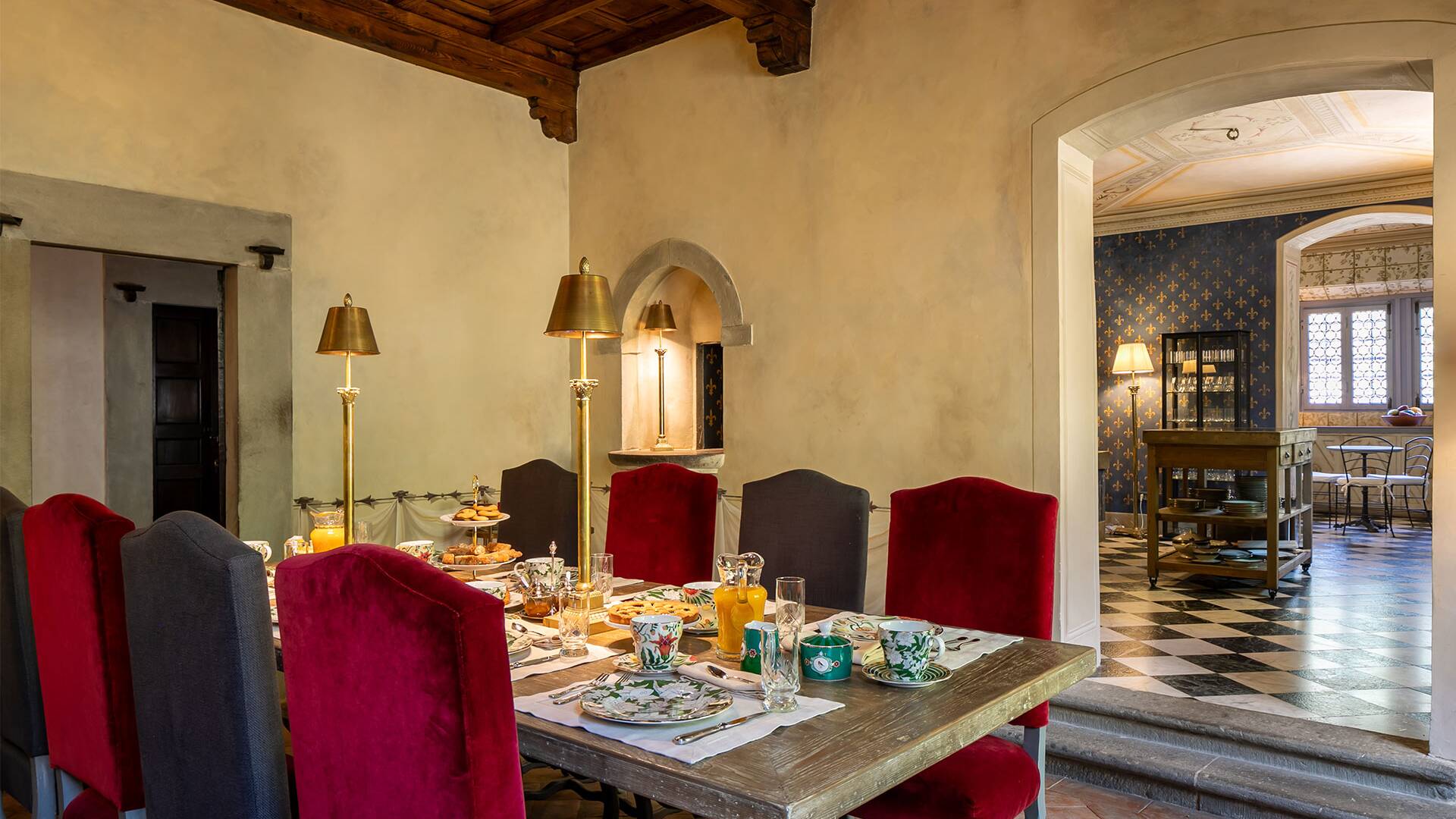 family dining room with fireplace